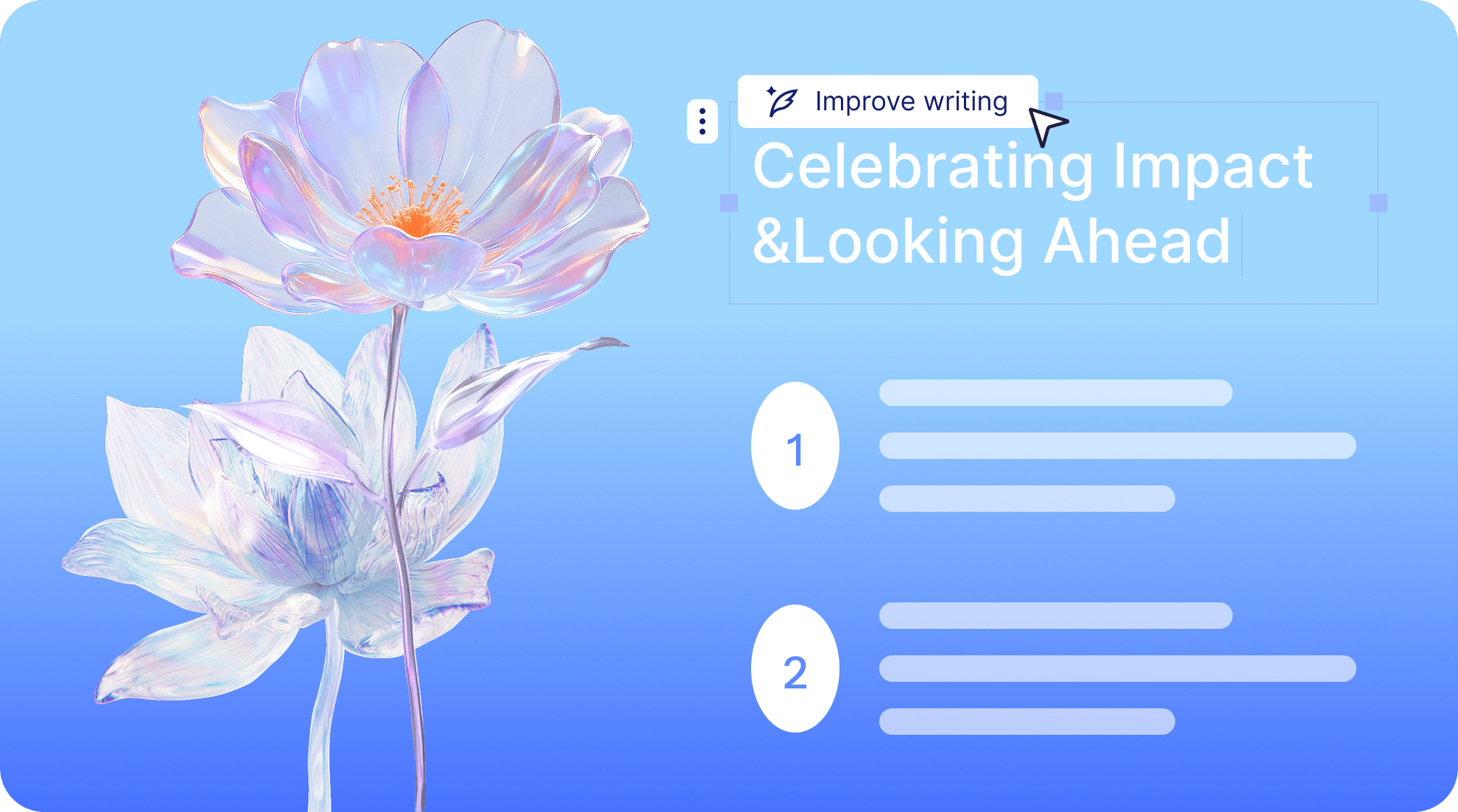 AI presentation slide Celebrating Impact with iridescent flower illustration