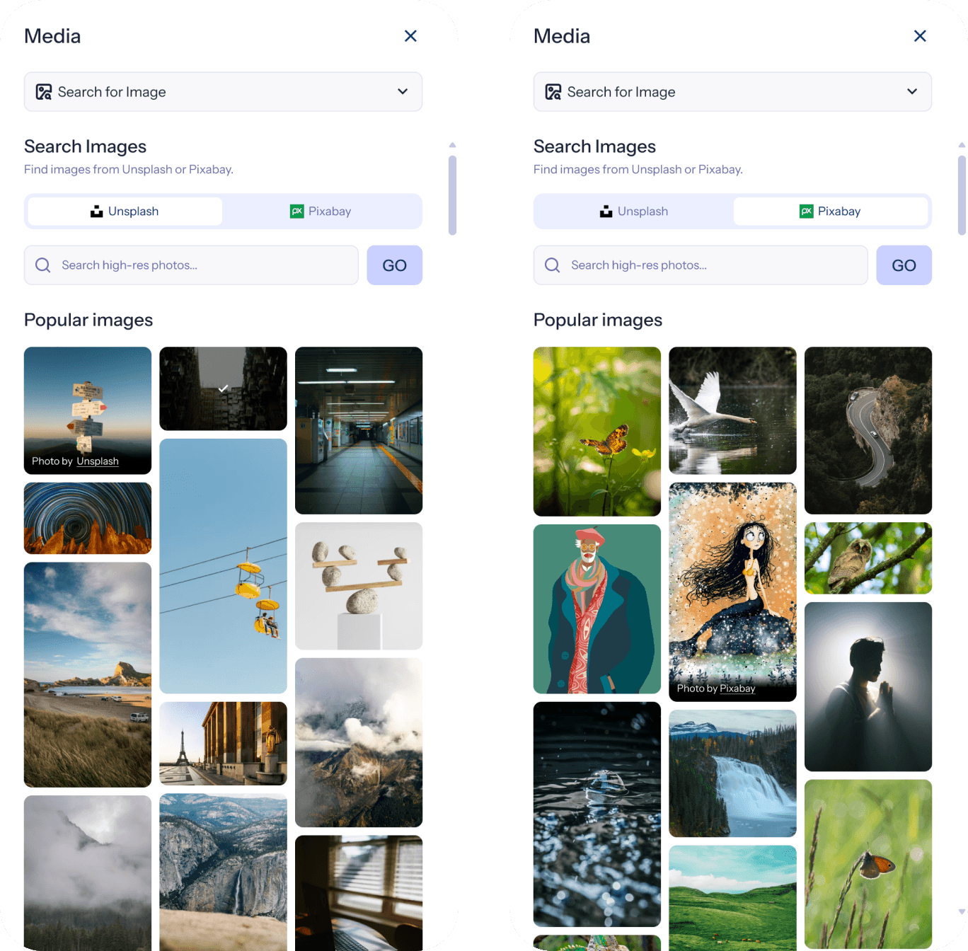 AI slide editor image search panel with Unsplash and Pixabay results