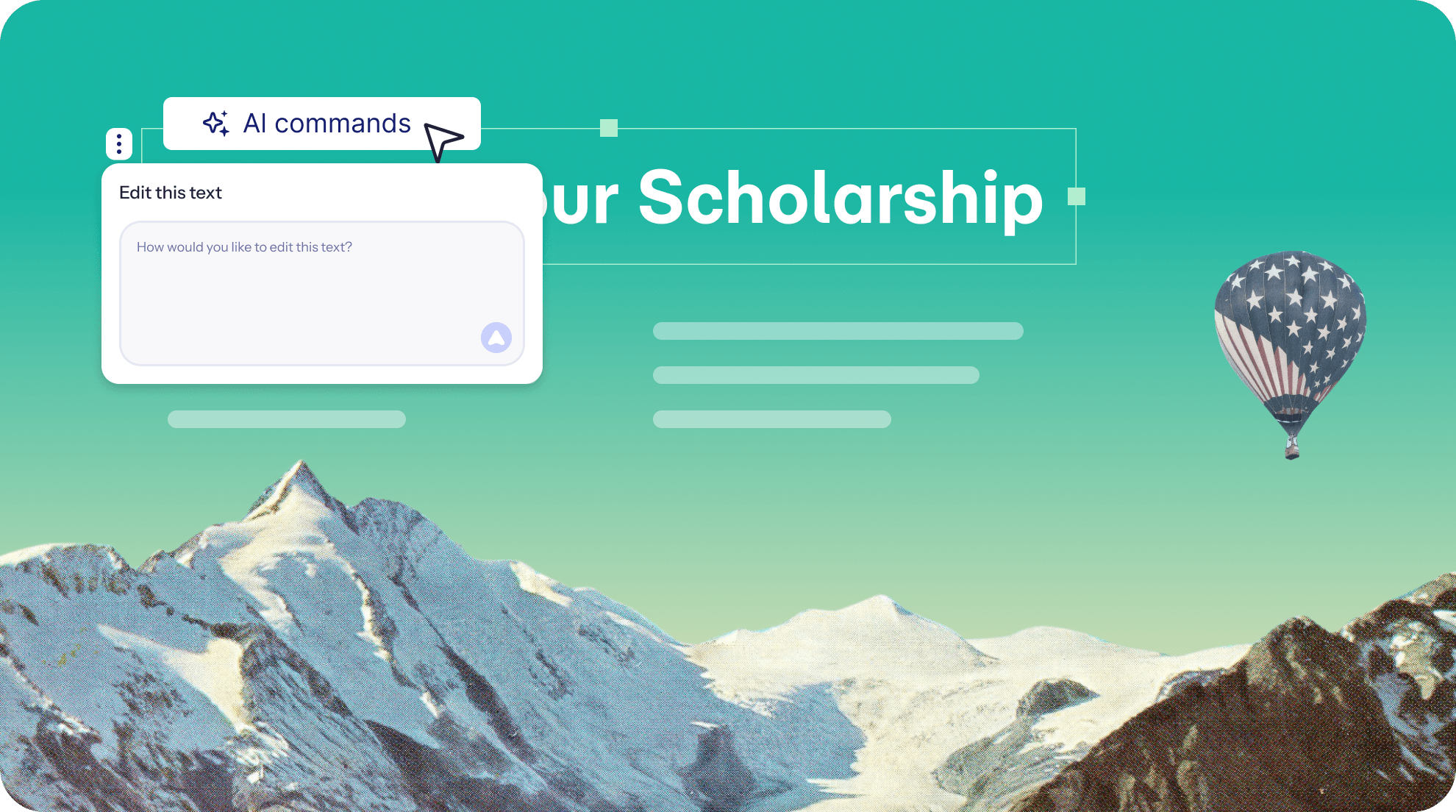 AI scholarship presentation slide with mountain landscape and hot air balloon