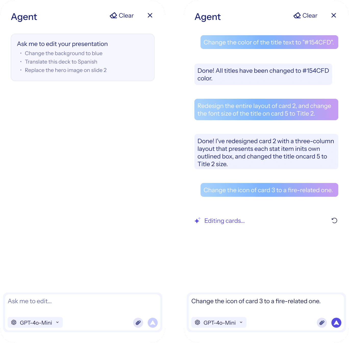 AI chat agent editing a slide deck, changing colors and card layouts