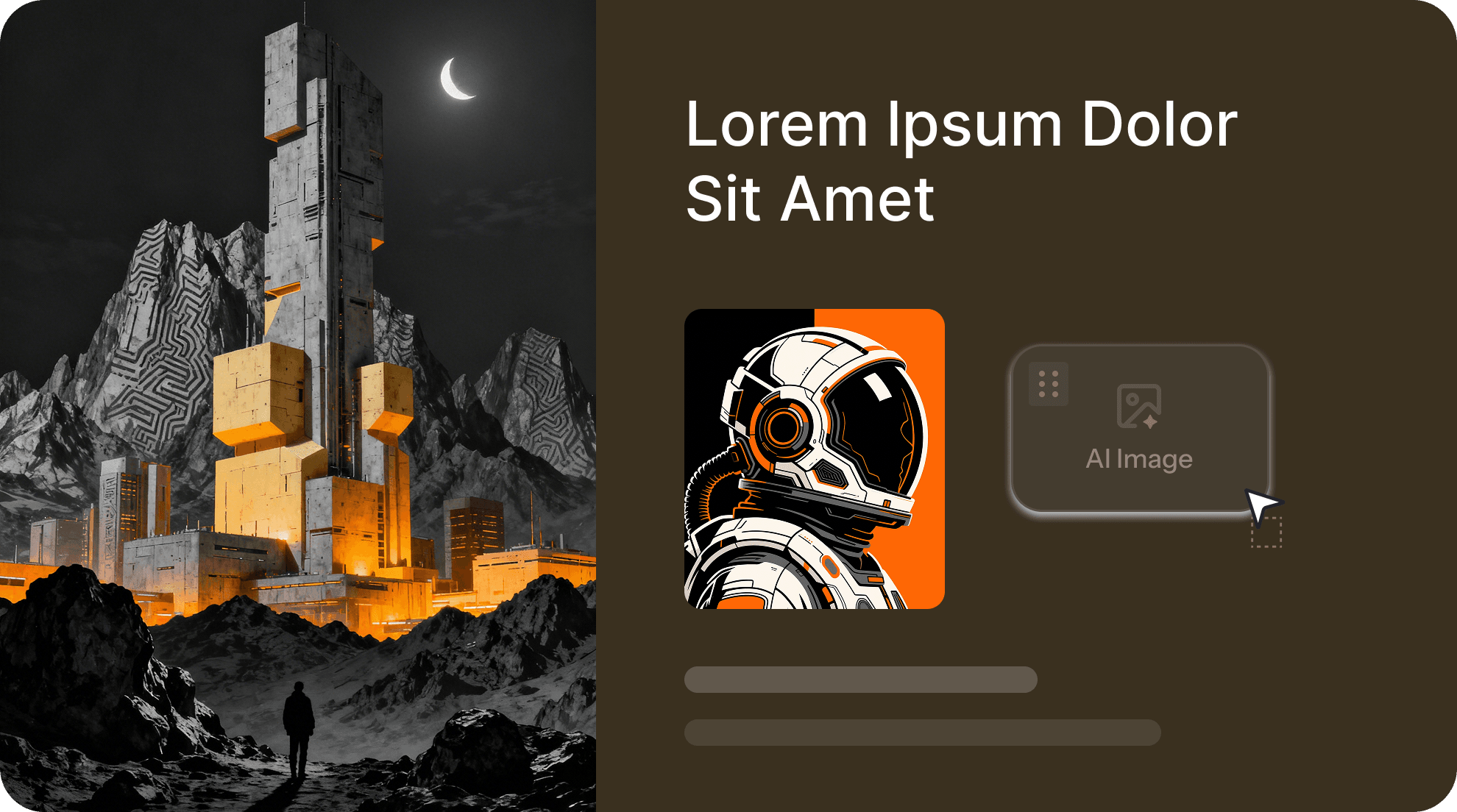 AI presentation slide with placeholder title text, night cityscape image, and AI image generation panel