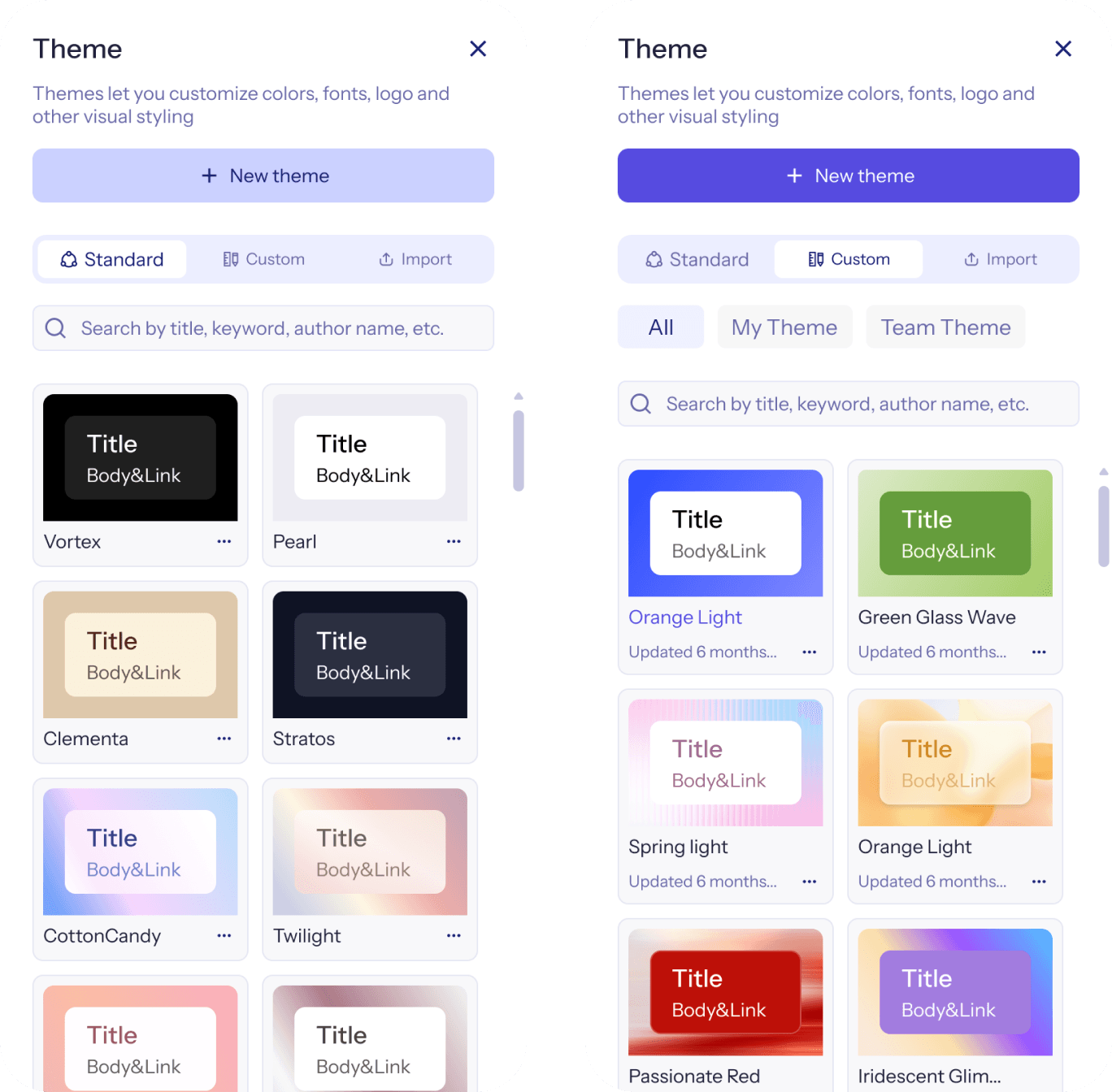 Presentation theme gallery with standard and custom color themes