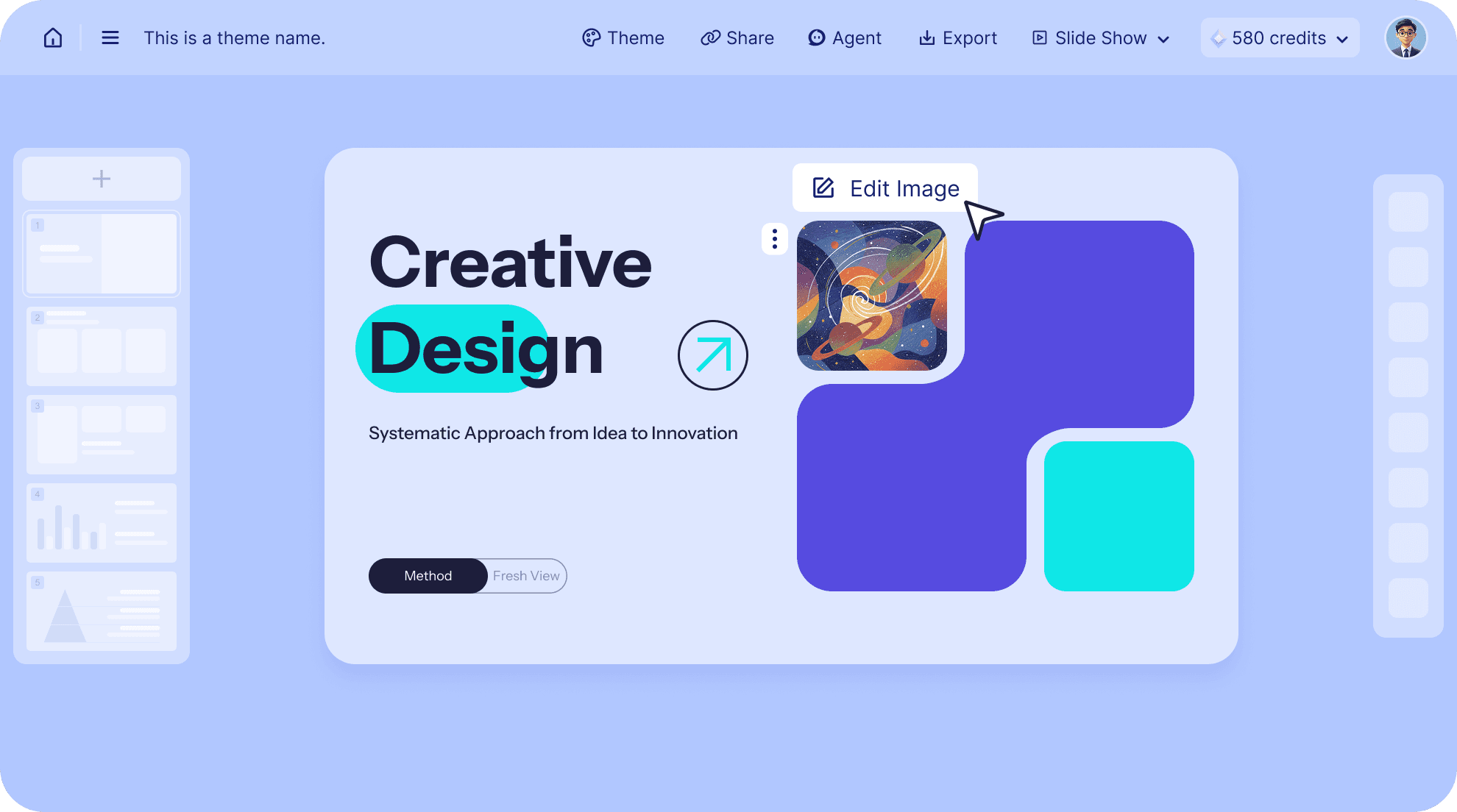 AI presentation slide Creative Design with purple and teal shapes