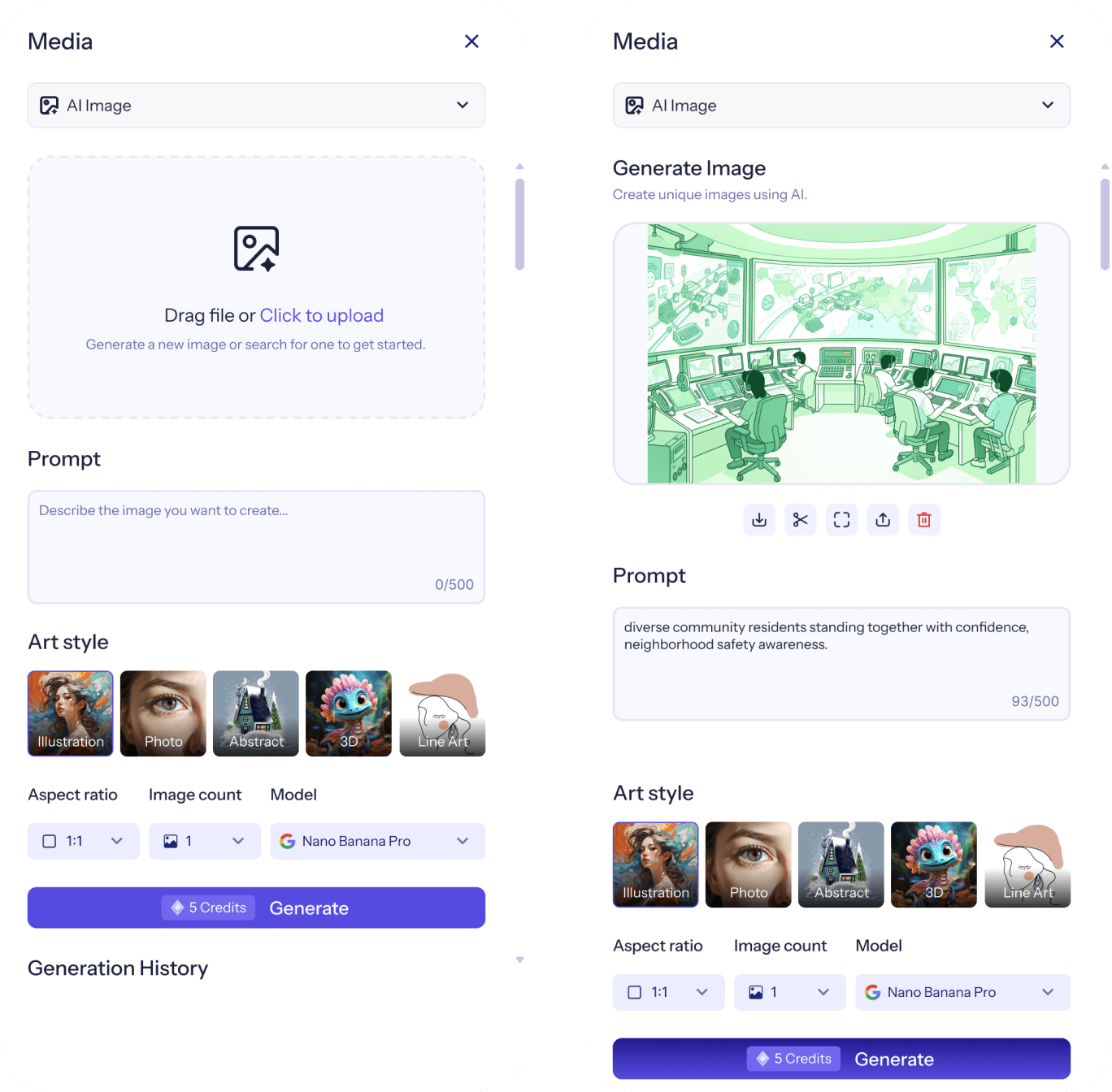AI image generator panel with art style options and illustrated scene