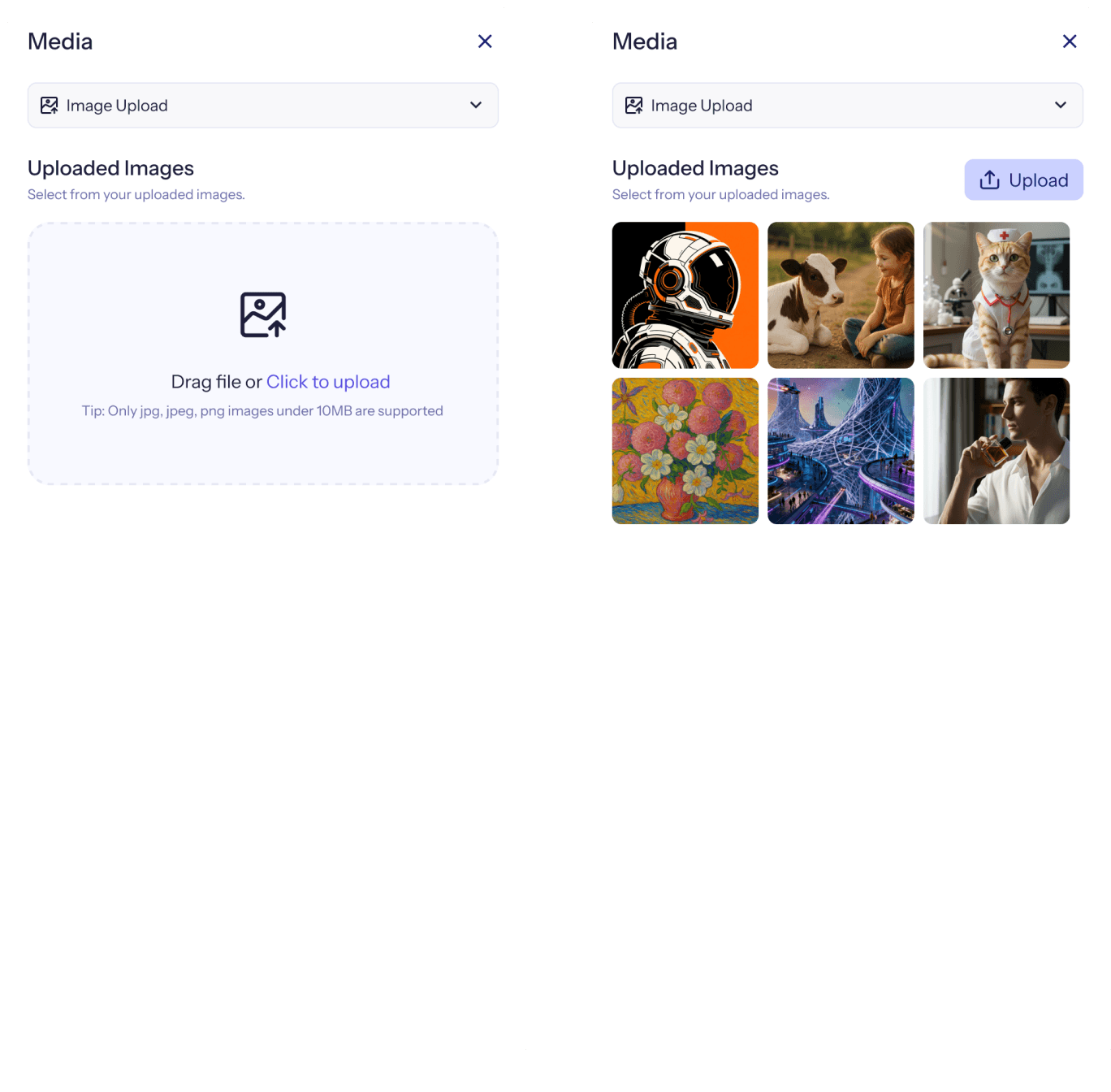 Image upload panel in AI slide editor with drag-and-drop and photo library